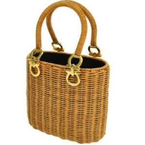 Vintage Salvatore Ferragamo Gancini wicker bucket woven rattan tote bag. Rare